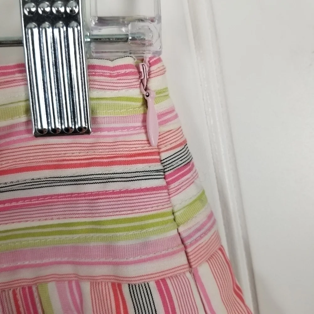J Crew Pleated Skirt Multicolor Stripes Pink Green White Cotton Coquette Preppy
